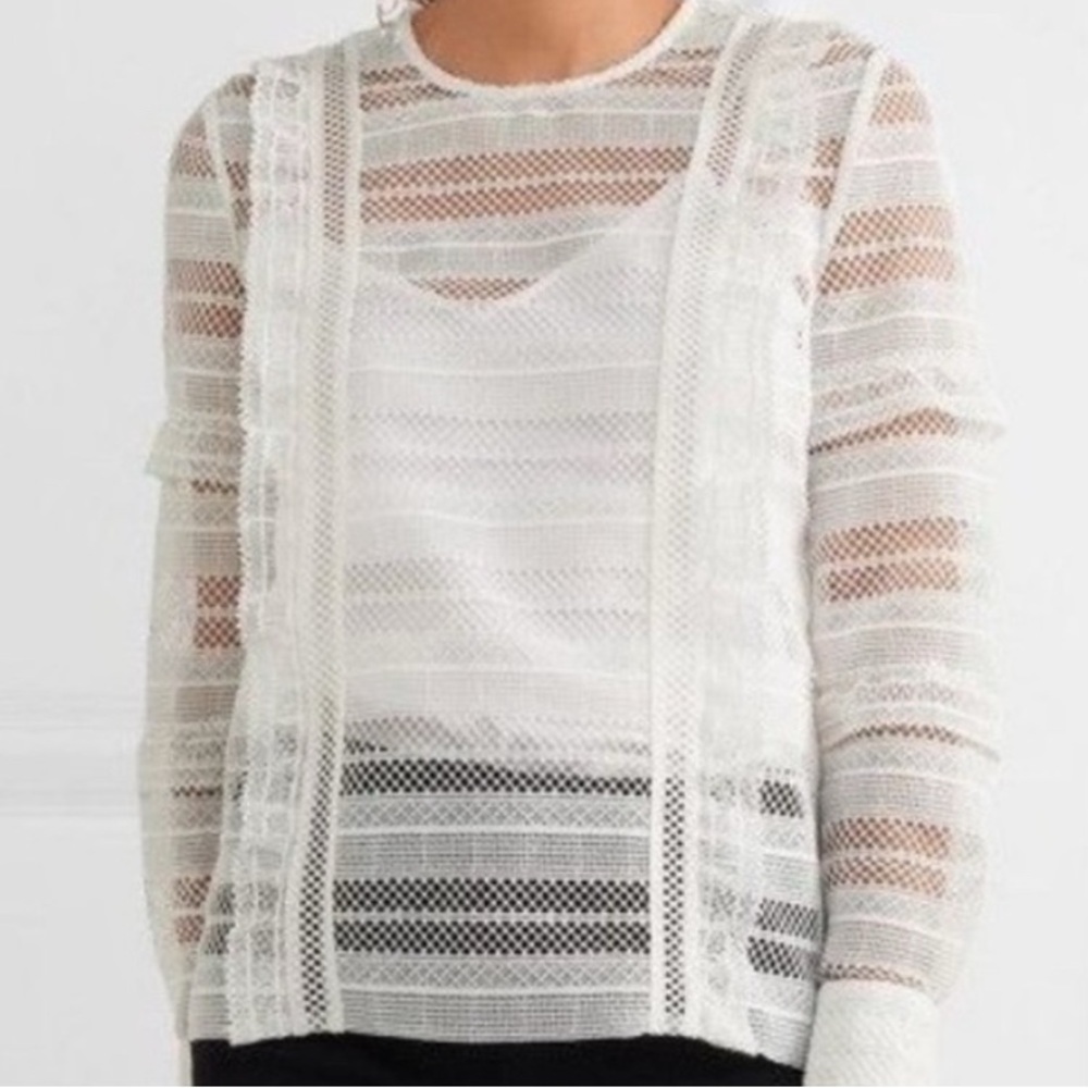 NWOT Self-portrait White Ruffle Stripe Sheer Grid Guipoire Lace Blouse